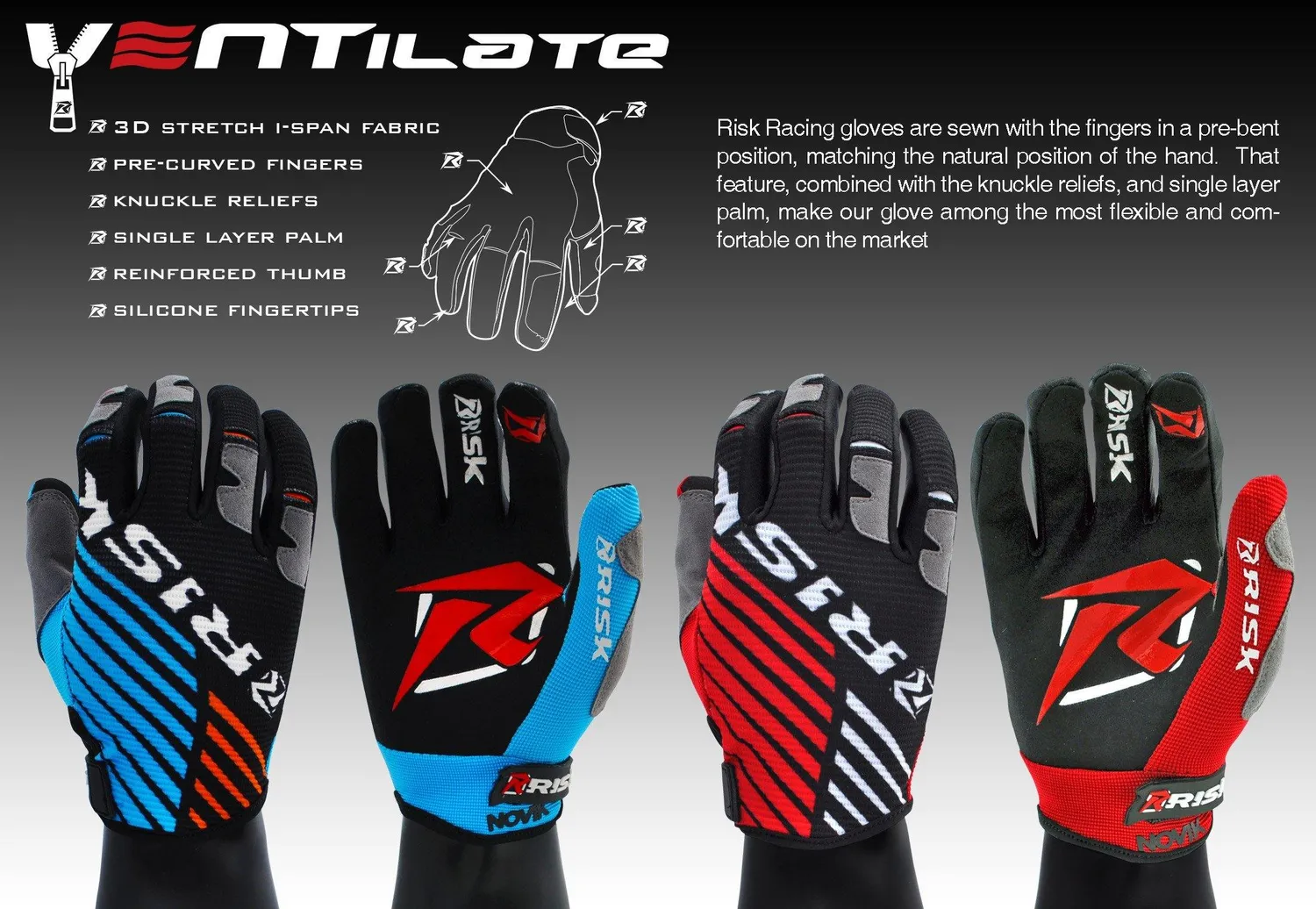 Risk Racing Ventilate motocyklové rukavice modro-oranžové priedušné
